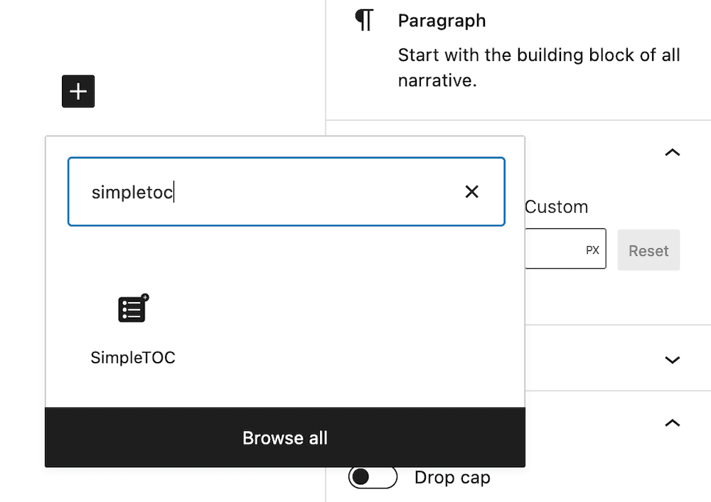 العثور على كتلة SimpleTOC داخل WordPress.