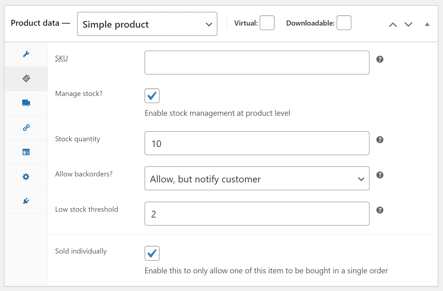 مثال على إدارة مخزون WooCommerce لمنتج واحد منتهي ، مع ملء جميع الحقول.