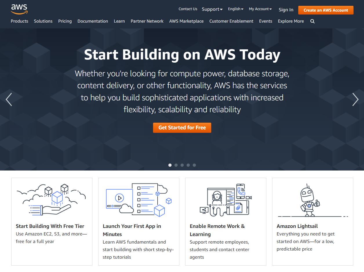 Pagina iniziale di Amazon AWS