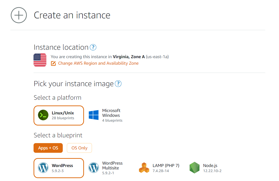 Creazione di un'istanza Lightsail in AWS