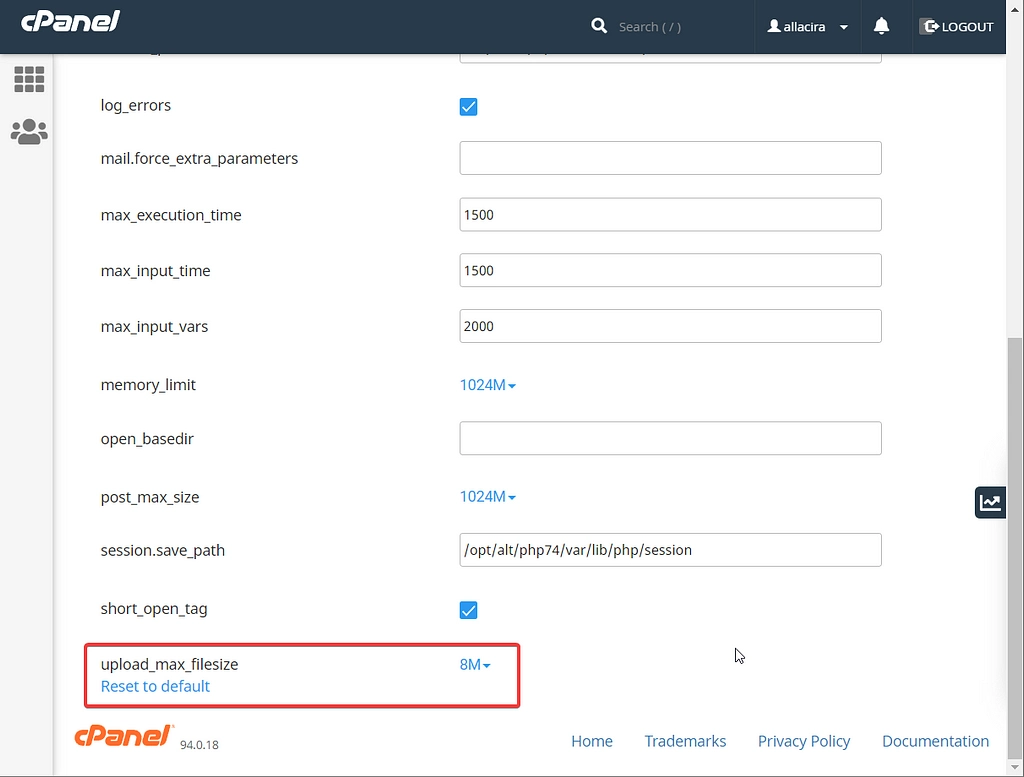 opção php no gerenciador de arquivos