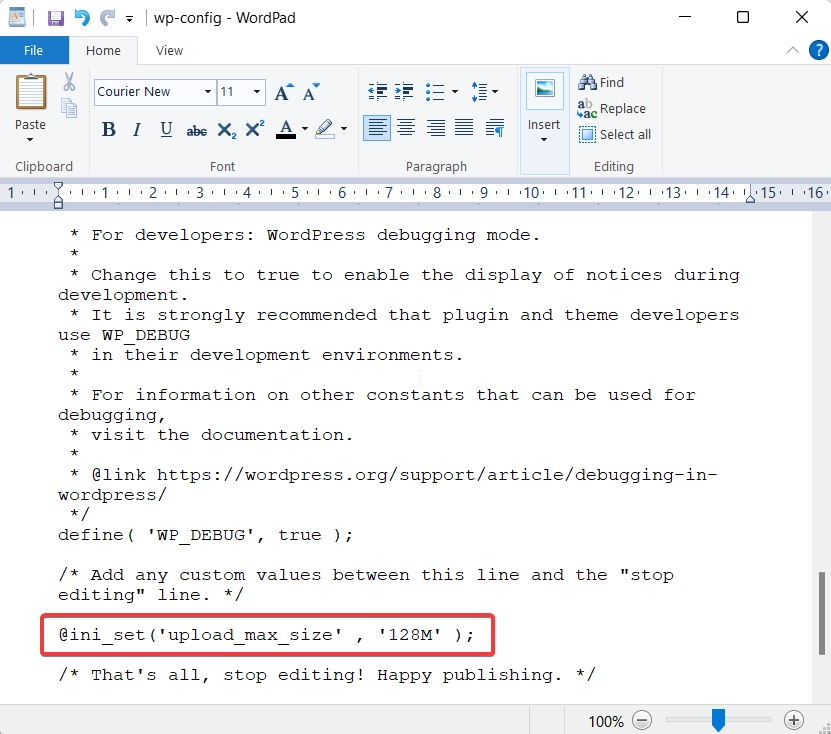 editando arquivo wp-config - diretiva upload_max_filesize em PHP.ini