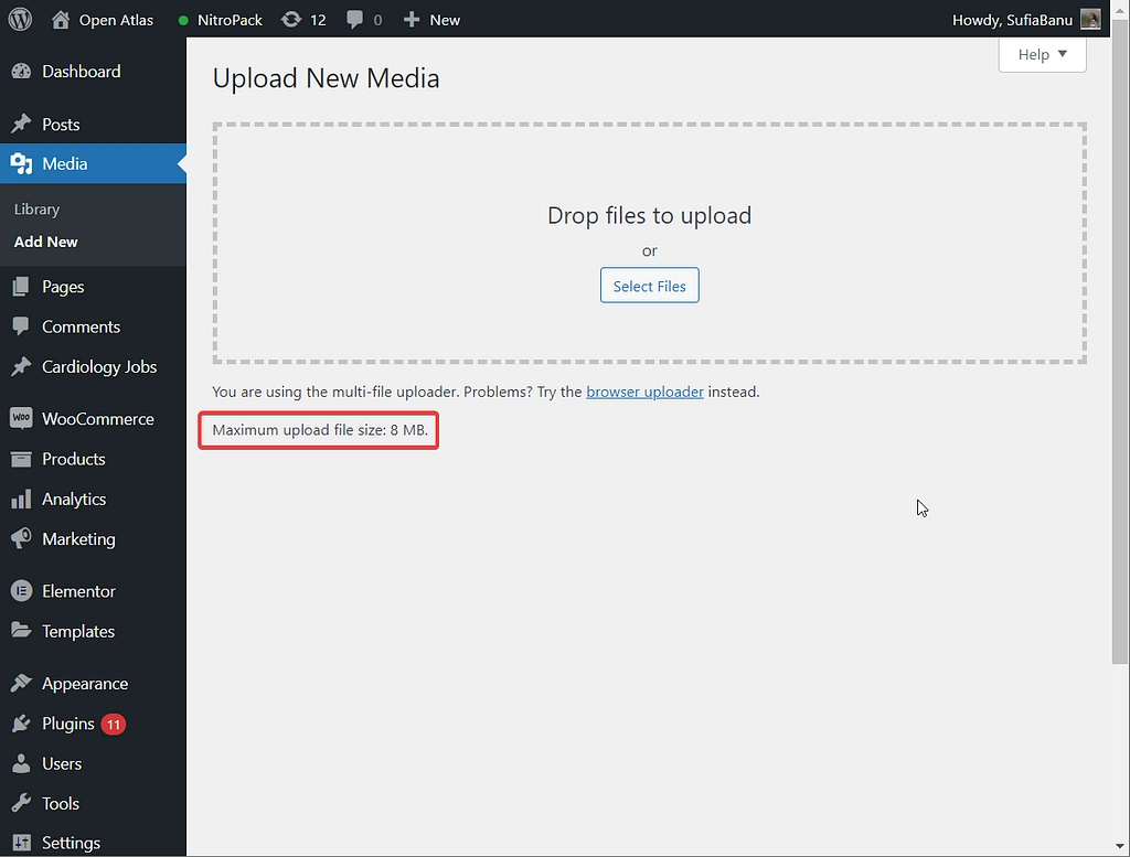 tamanho máximo de upload na mídia wordpress