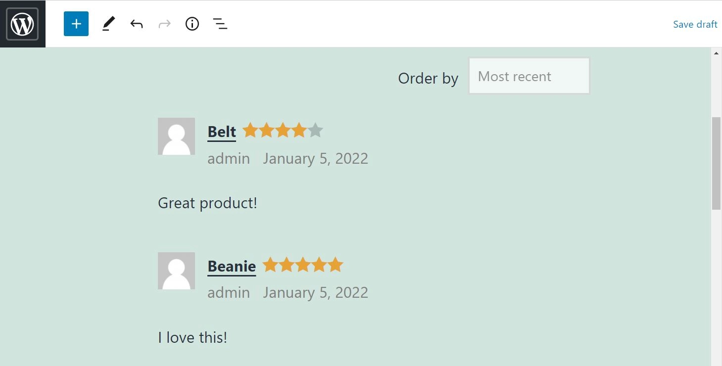Il blocco Tutte le recensioni WooCommerce