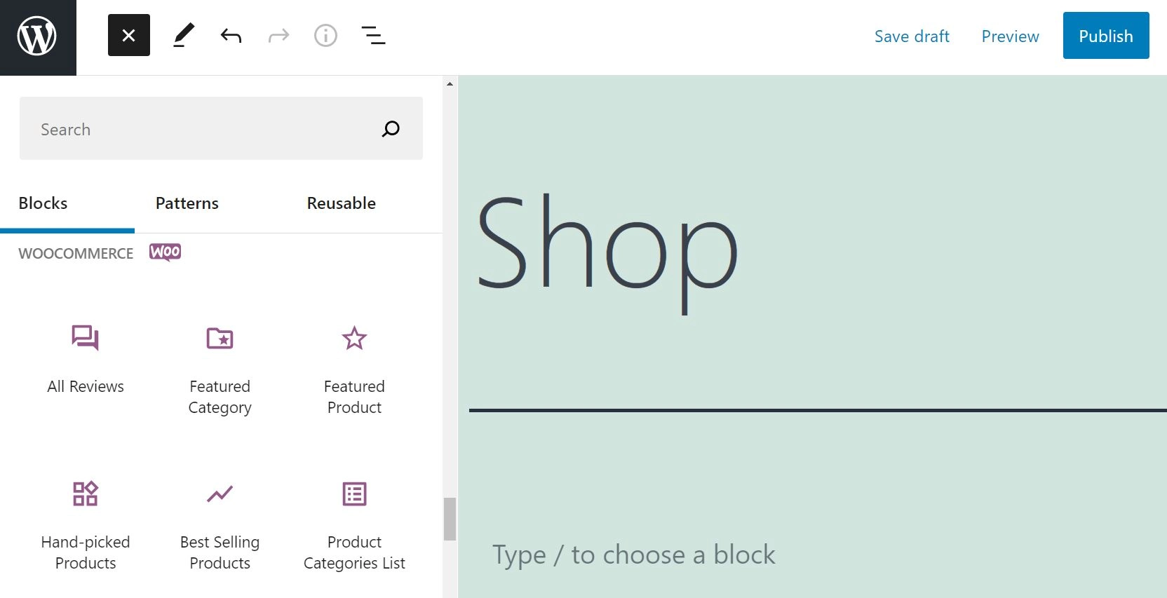 Visualizzazione di tutti i blocchi WooCommerce nell'editor blocchi