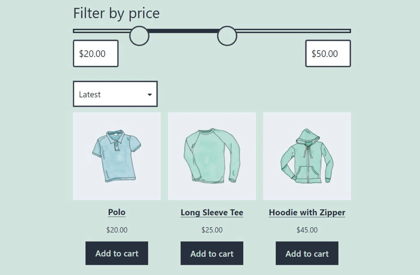 Anteprima front-end del blocco Filtra prodotto per prezzo