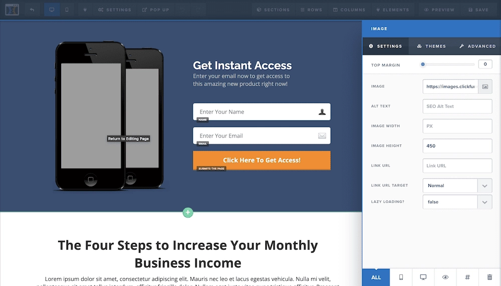 O editor de arrastar e soltar ClickFunnels.