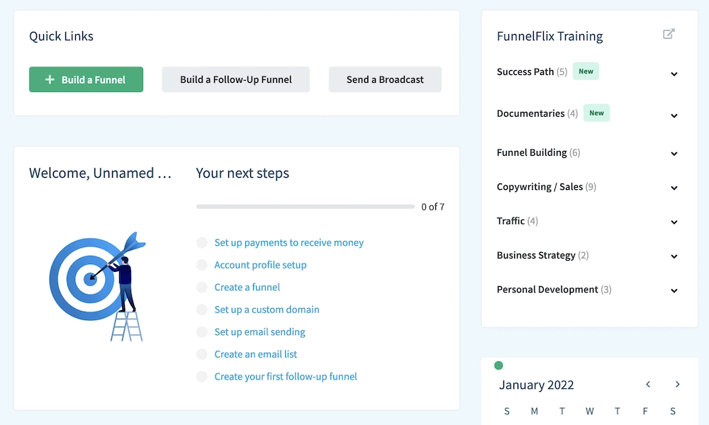 O painel ClickFunnels, mostrando uma lista de tarefas.