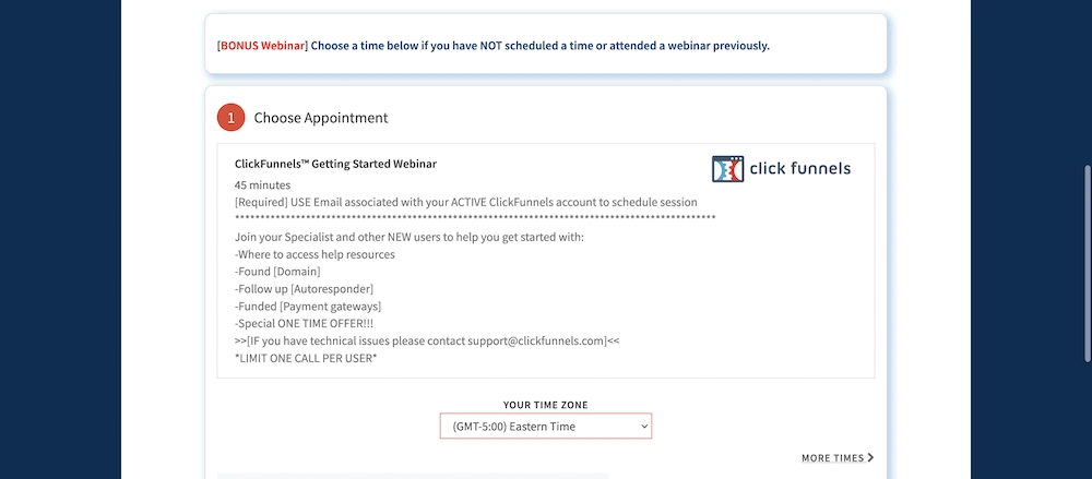 Um aviso do ClickFunnels para oferecer acesso a um seminário.