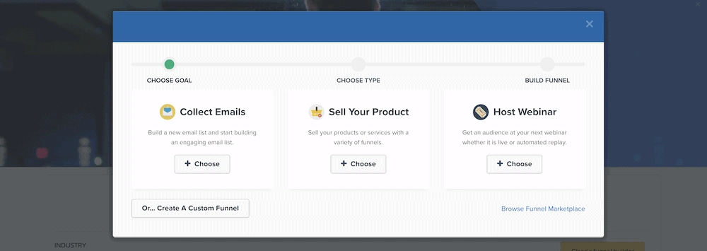 A opção de escolher seu tipo de funil dentro do ClickFunnels.