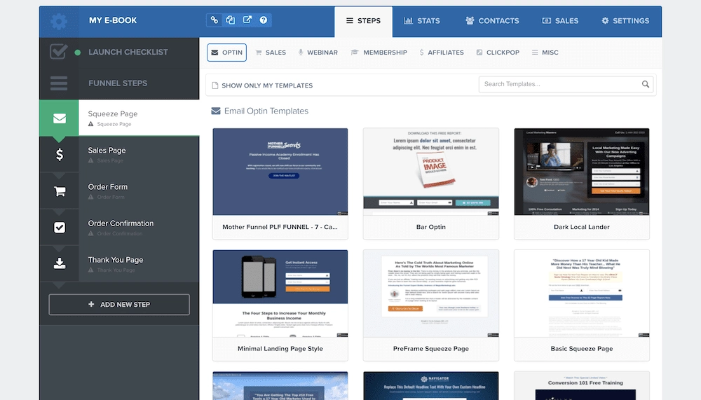 Lista de modelos do ClickFunnels.
