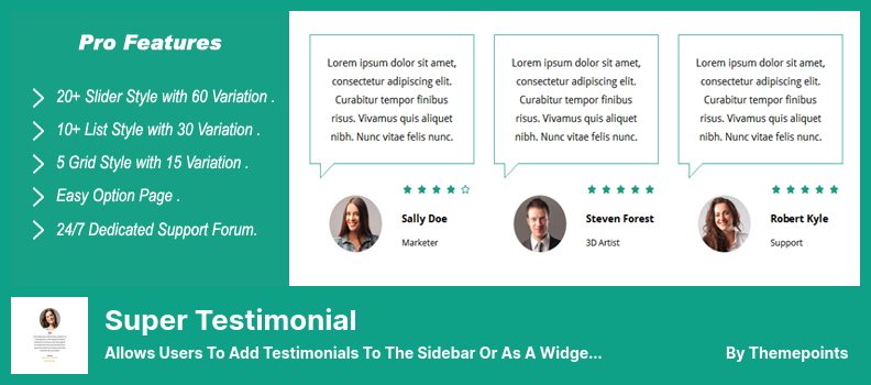 البرنامج الإضافي Super Testimonial - يسمح للمستخدمين بإضافة الشهادات إلى الشريط الجانبي أو كأداة