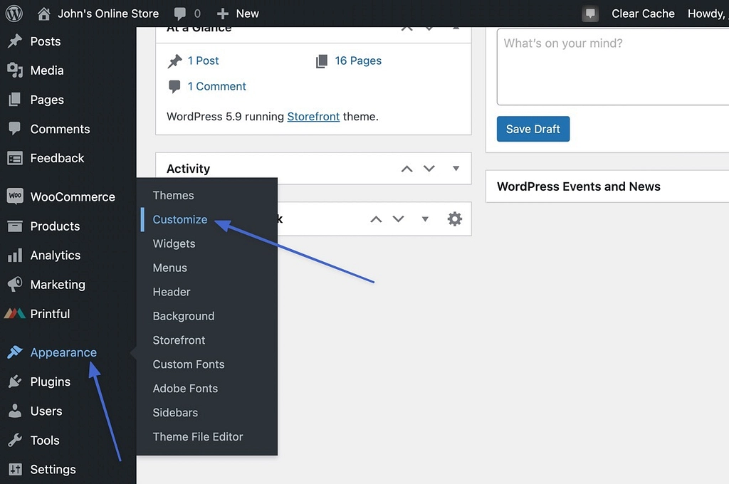 como alterar o título do site WordPress com o botão personalizar