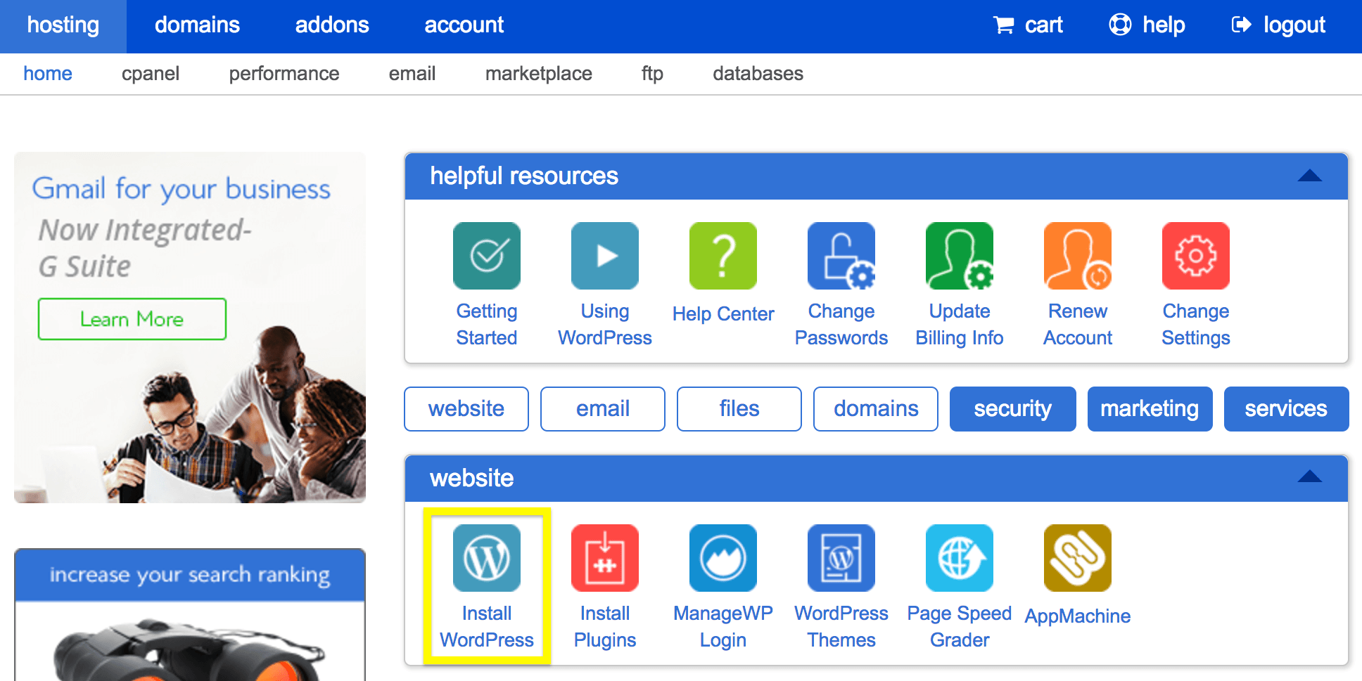Przycisk Zainstaluj WordPress na Bluehost.