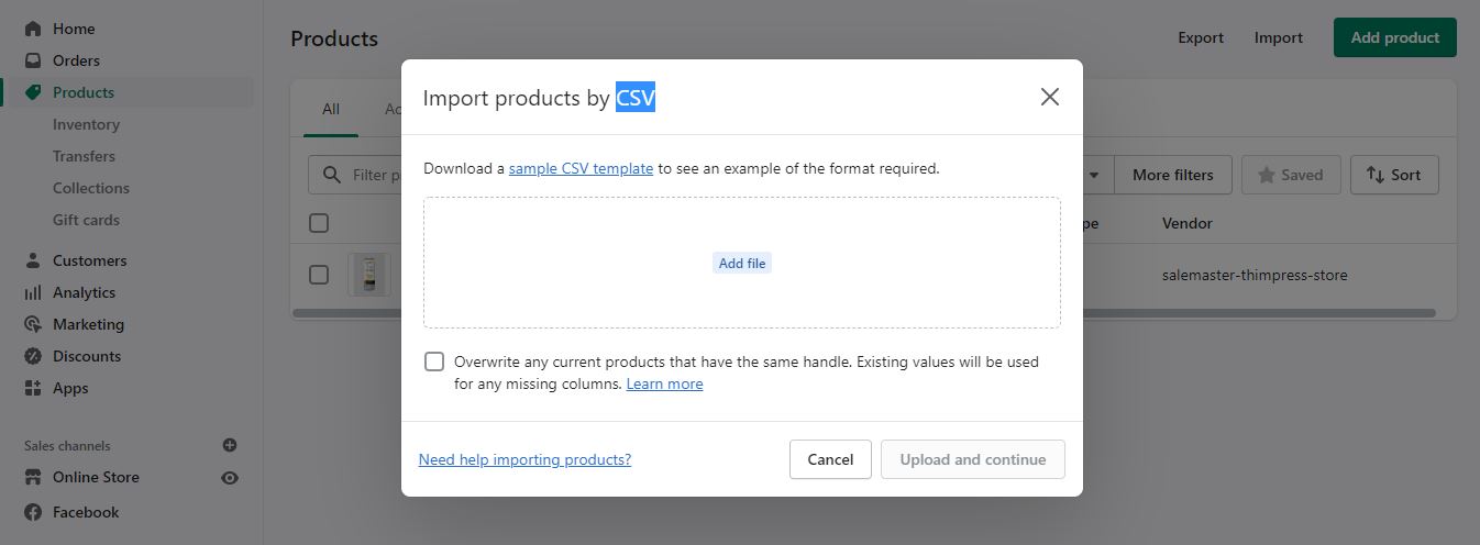 csv로 제품 가져오기 shopify로 온라인 상점 만들기
