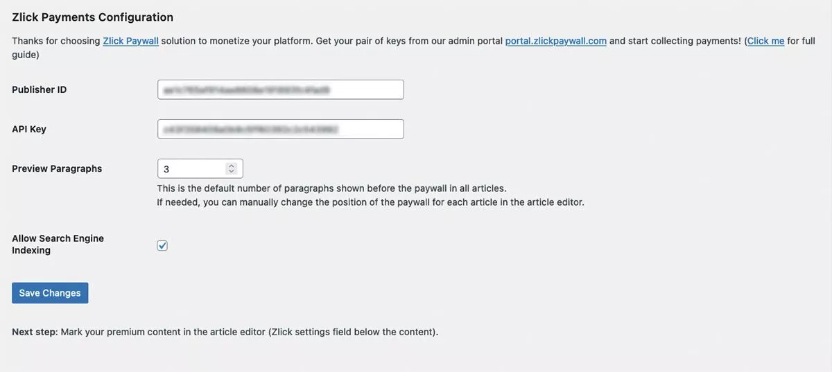 สกรีนช็อตของการตั้งค่า Zlick ในแดชบอร์ด WordPress