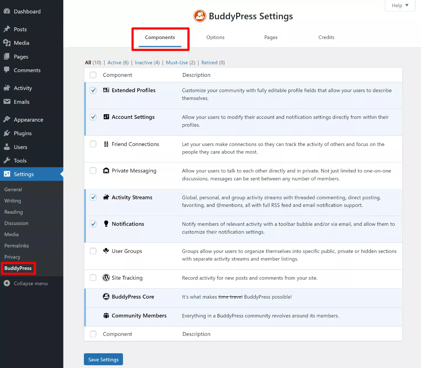 تفعيل مكونات BuddyPress