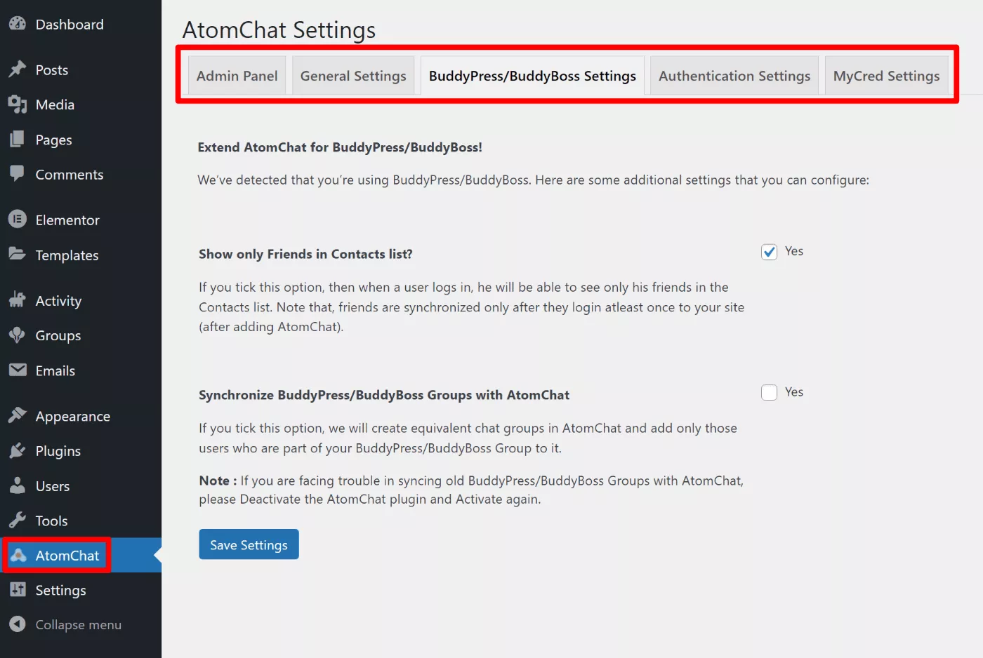 إعدادات AtomChat WordPress