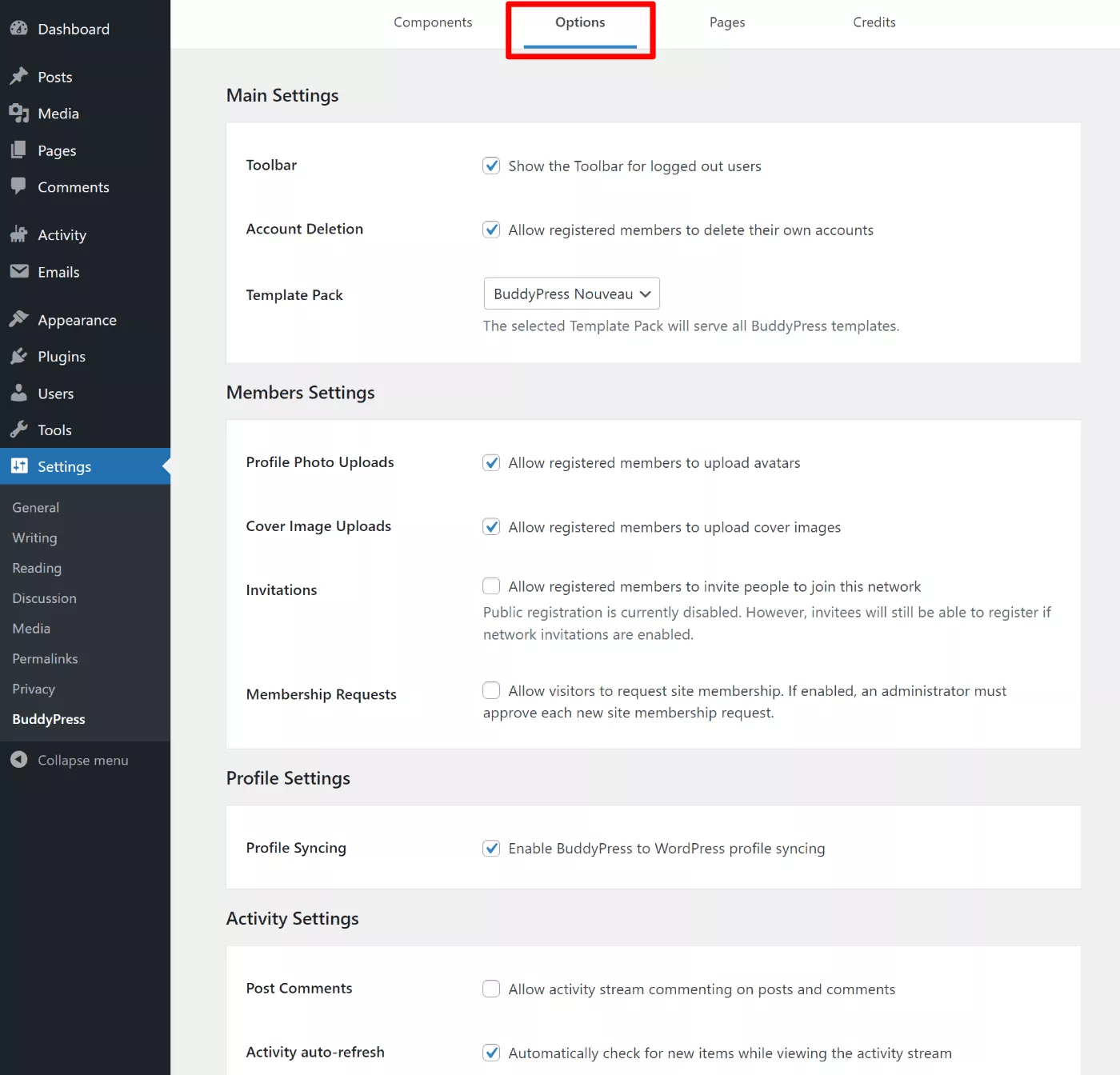 خيارات BuddyPress