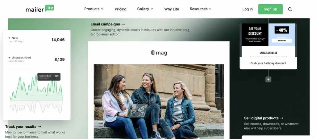 Capture d'écran de la page d'accueil de Mailerlite