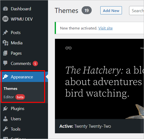 ブロックテーマがインストールされたWordPressの外観メニュー。