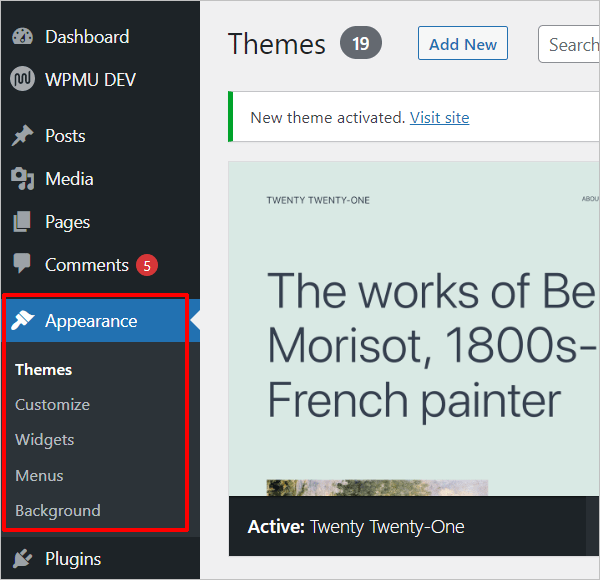 通常のテーマがインストールされたWordPressの外観メニュー。