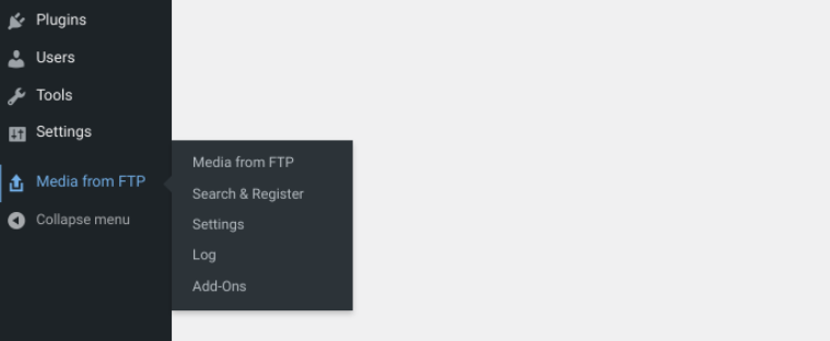 WordPressメニューのftpオプションからのメディア