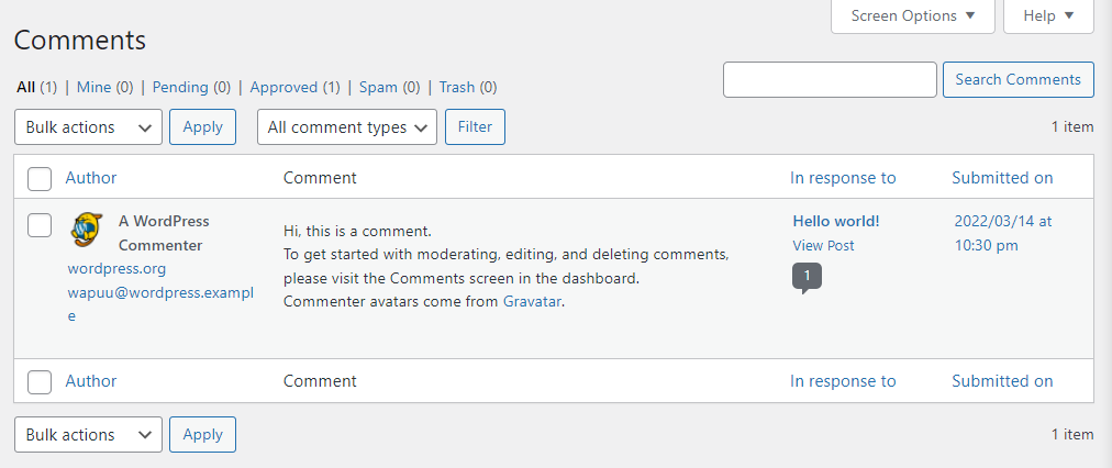 WordPress 대시보드에서 본 댓글