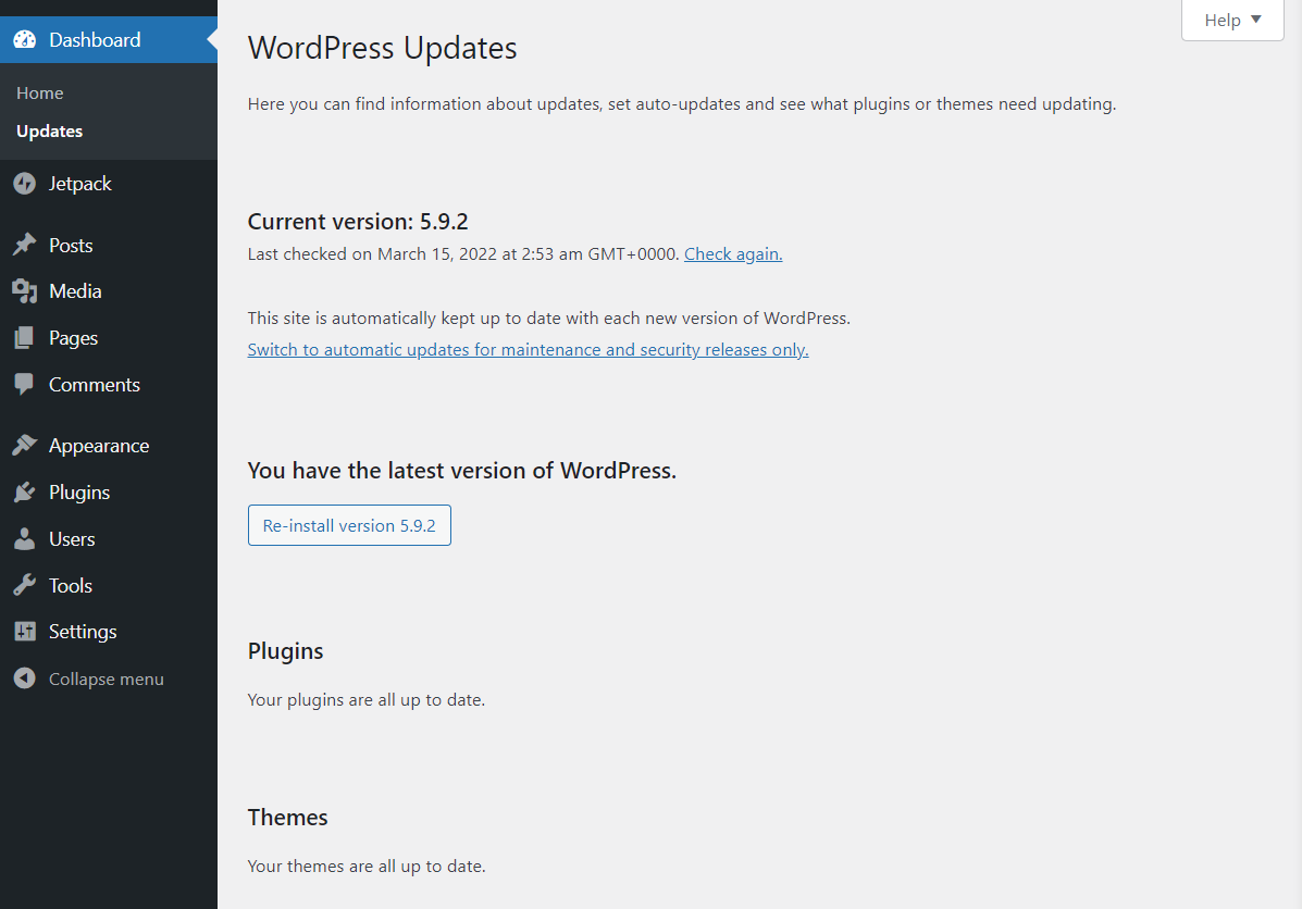 사이트에서 사용 가능한 WordPress 업데이트