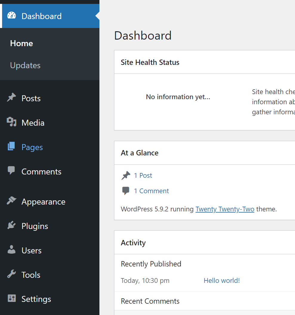 WordPress 대시보드의 왼쪽 메뉴