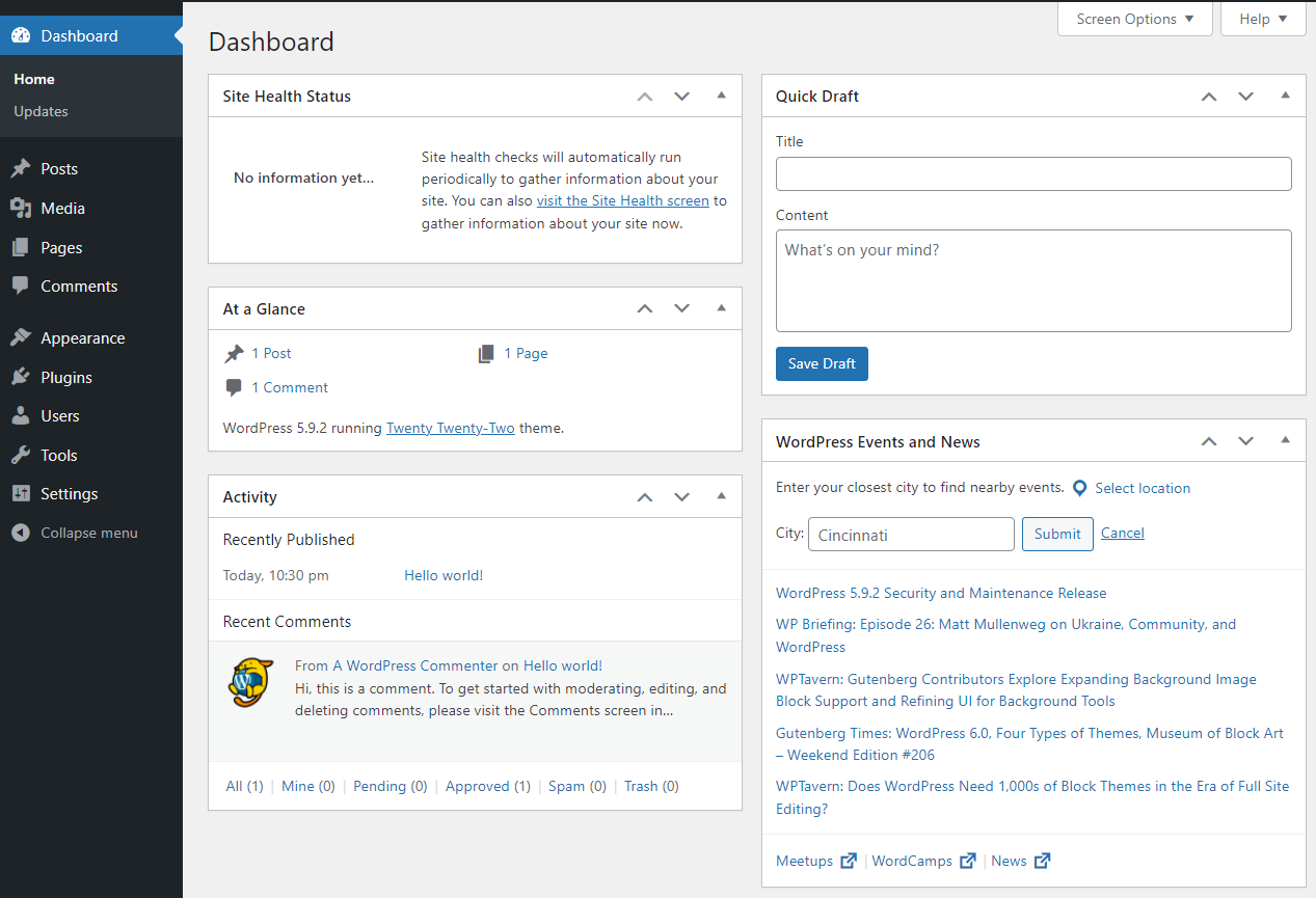 기본 WordPress 대시보드