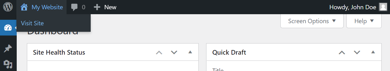 WordPress 대시보드의 사이트 링크 방문