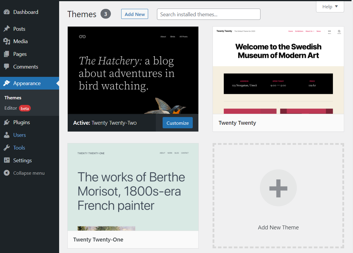 WordPress 대시보드의 테마 옵션
