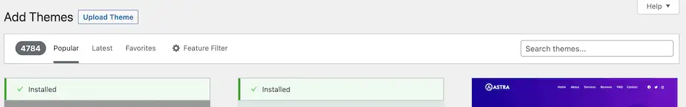 Bara de filtrare a temelor dedicate din WordPress.