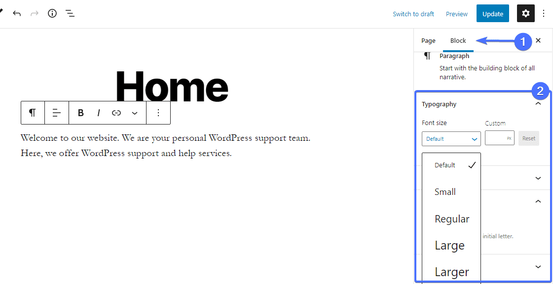 Adăugați texte în editorul de blocuri - schimbați pagina de pornire wordpress
