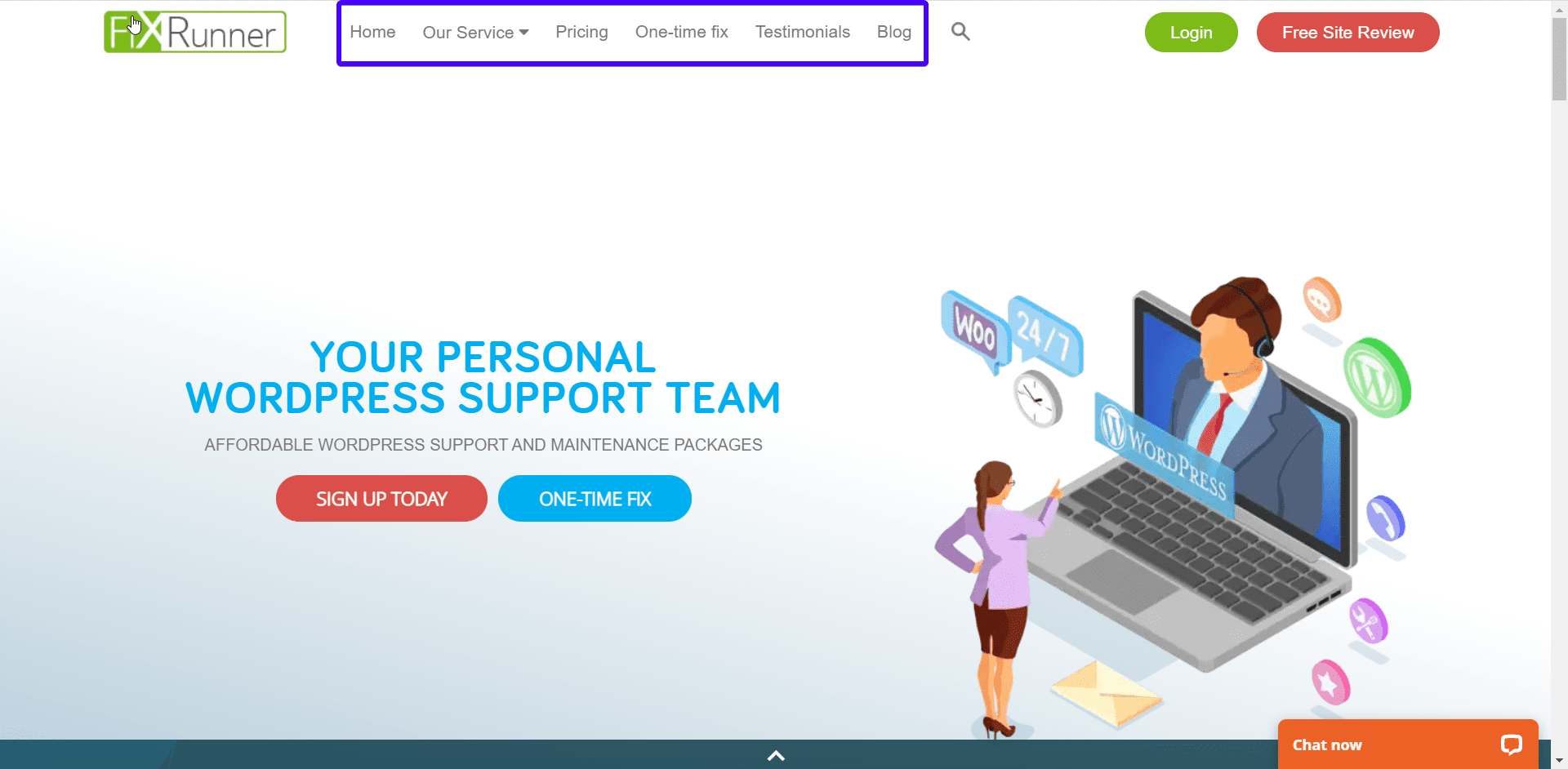 meniul de navigare fixrunner - schimbă pagina de pornire wordpress