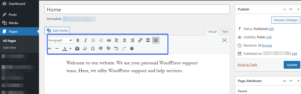 instrumente clasice de editare - schimbați pagina de pornire wordpress