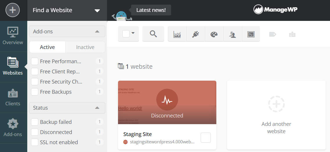 Hinzufügen einer Staging-Website für WordPress mit ManageWP.