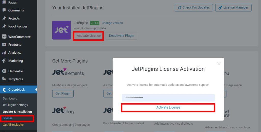 ativar o plugin jetengine da chave de licença
