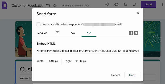 嵌入 Google 表单。