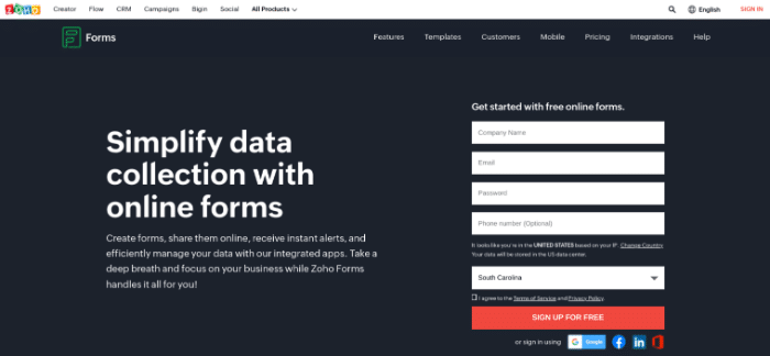 Zoho Forms 網站。