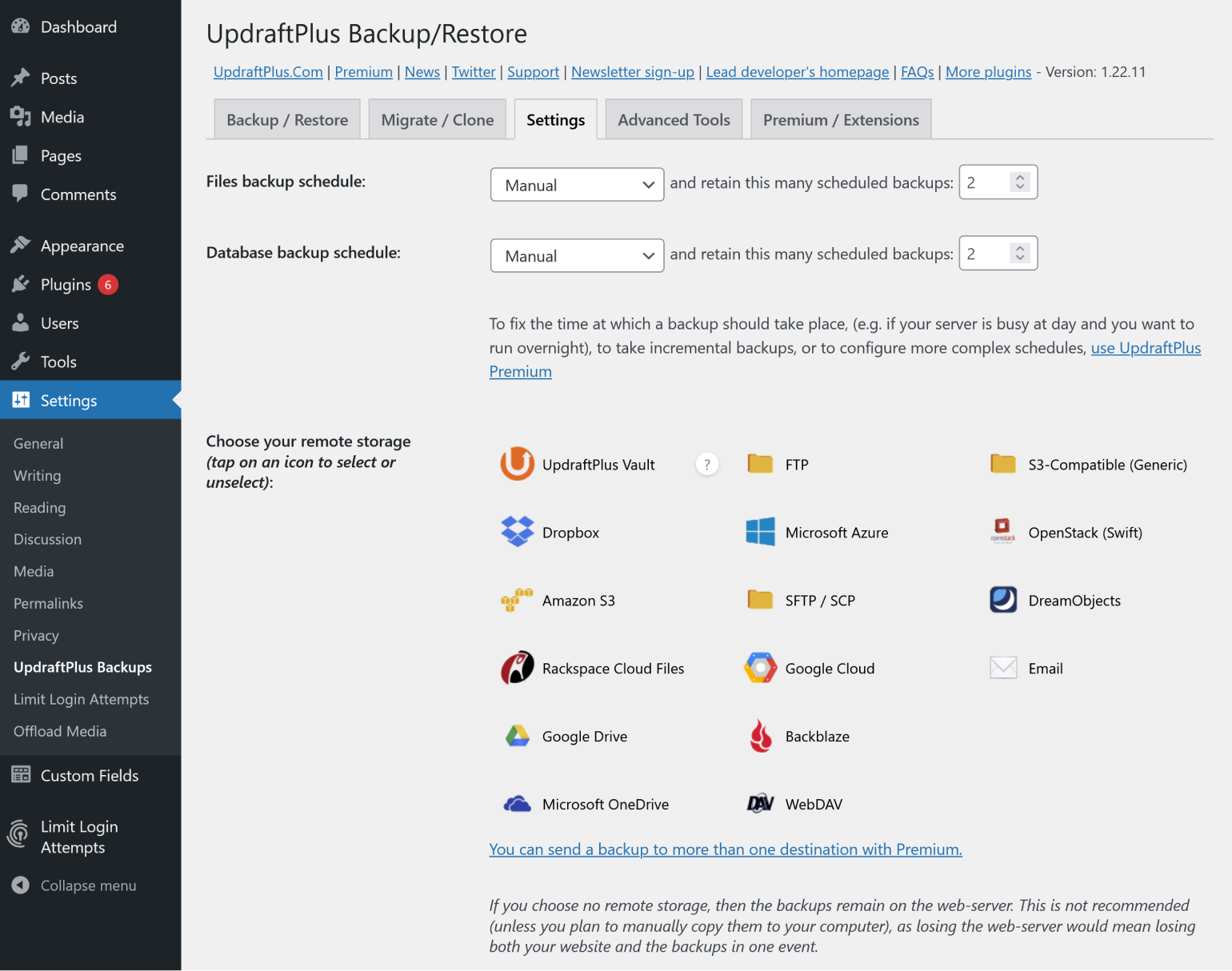 Configuration du stockage distant dans UpdraftPlus.