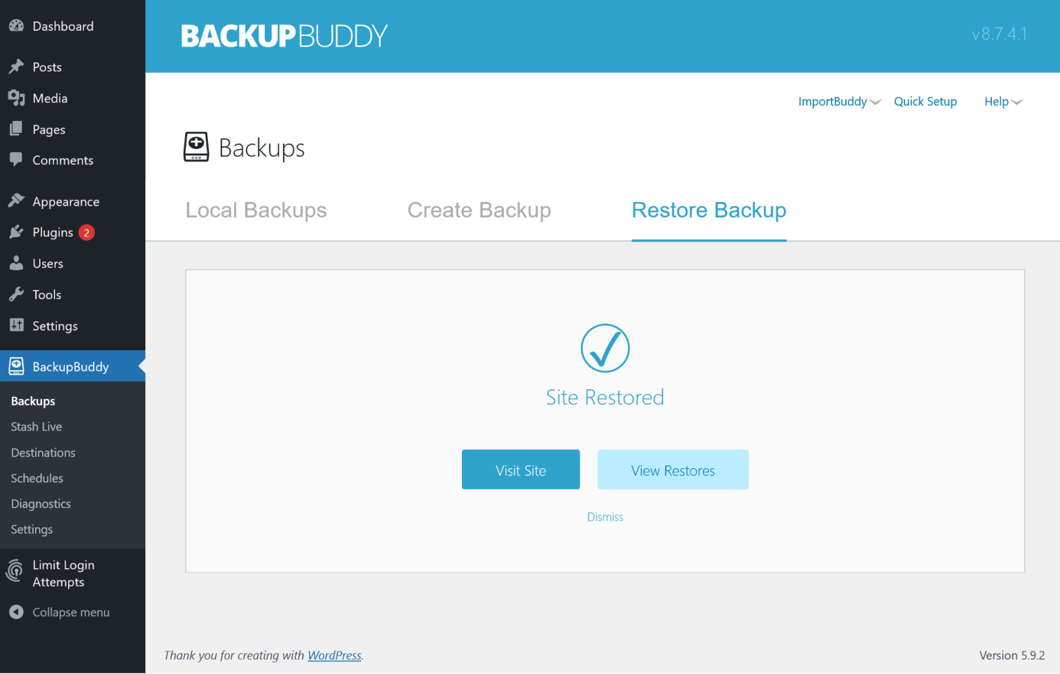 La dernière étape du processus de restauration de BackupBuddy.