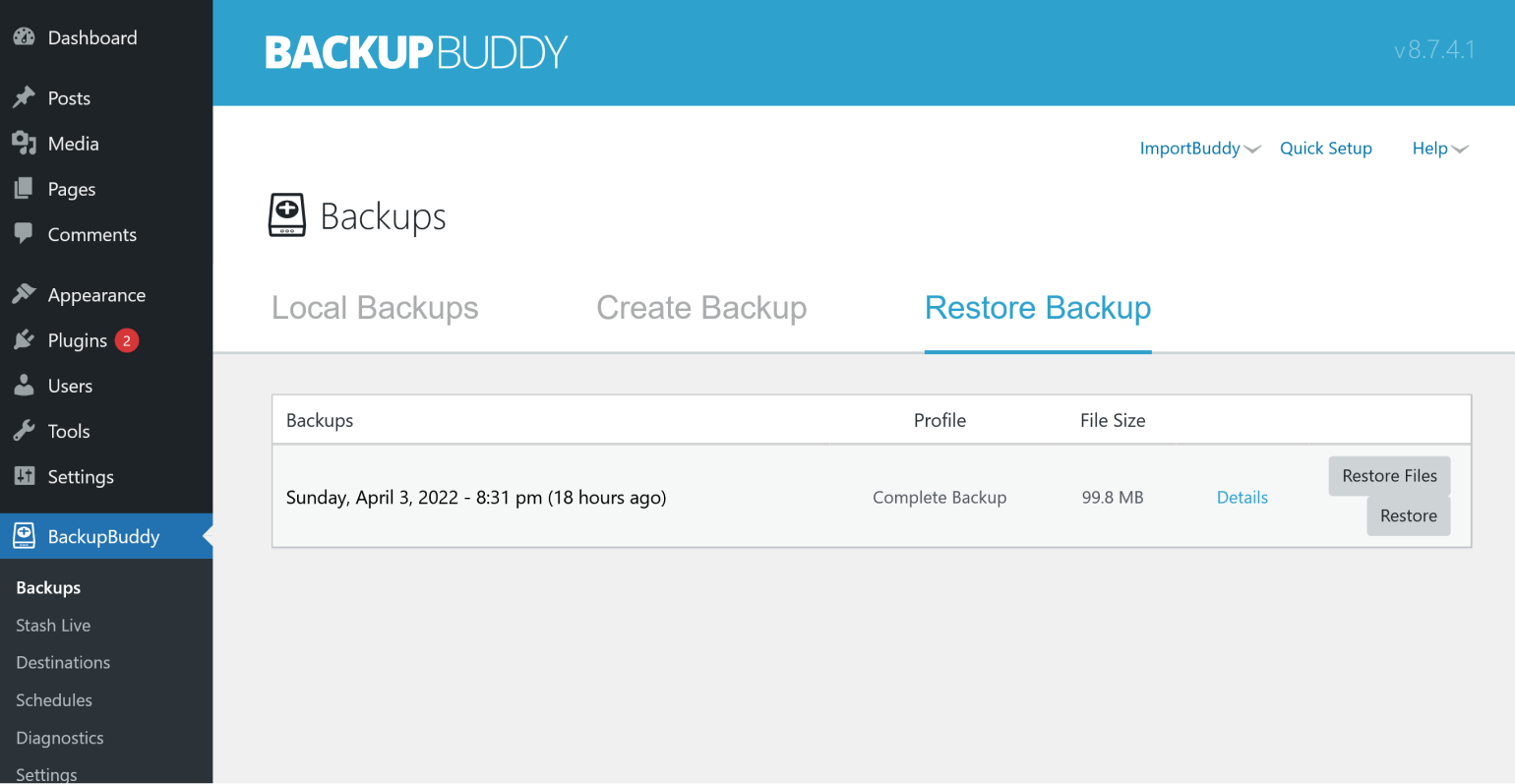 L'onglet Restaurations de BackupBuddy.