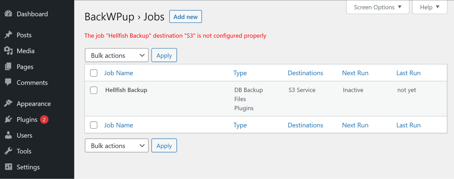 Un avertissement dans BackWPup indiquant que le stockage distant n'est pas configuré.
