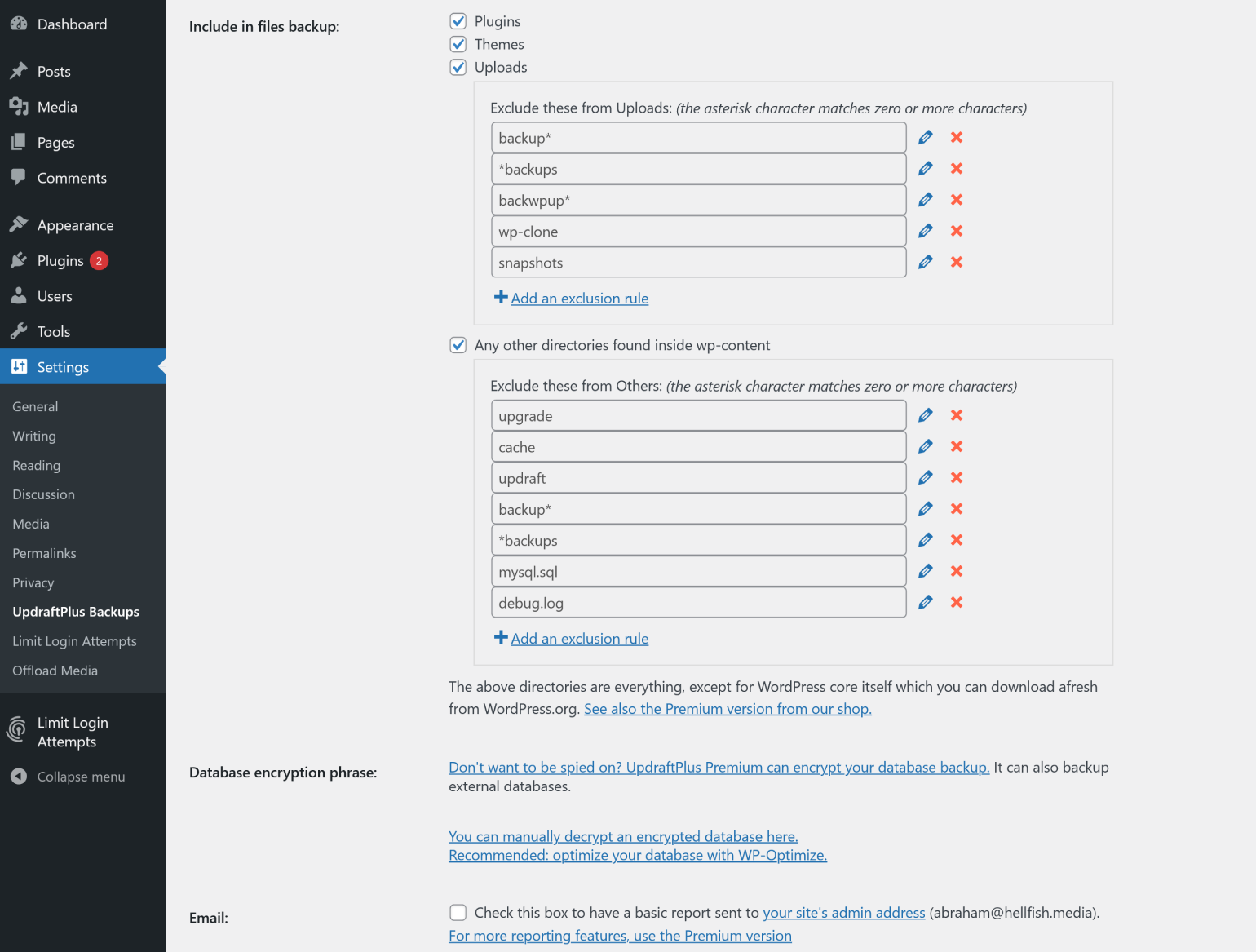 Paramètres avancés dans UpdraftPlus.