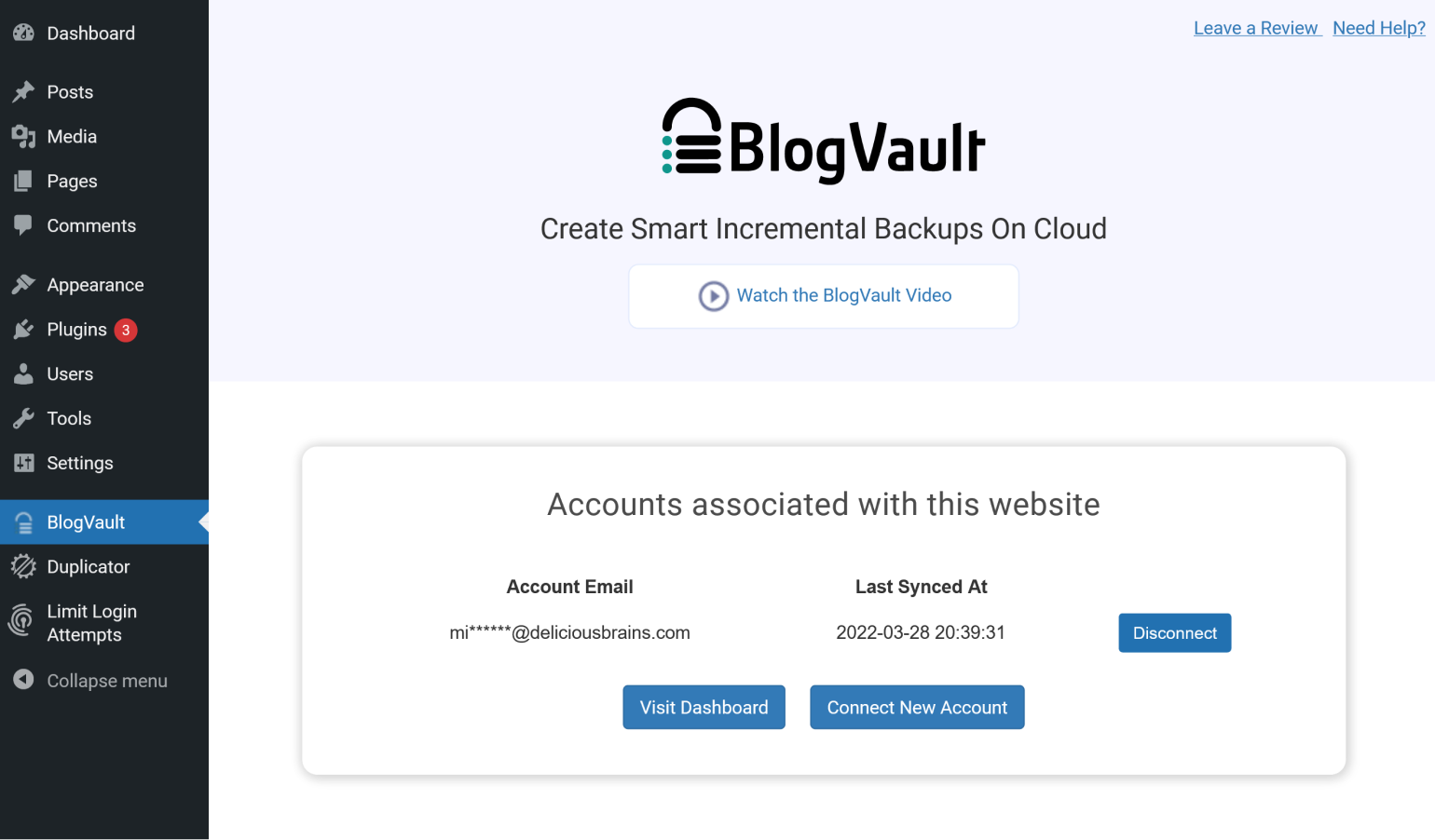 The options available when opening BlogVault for the first time.