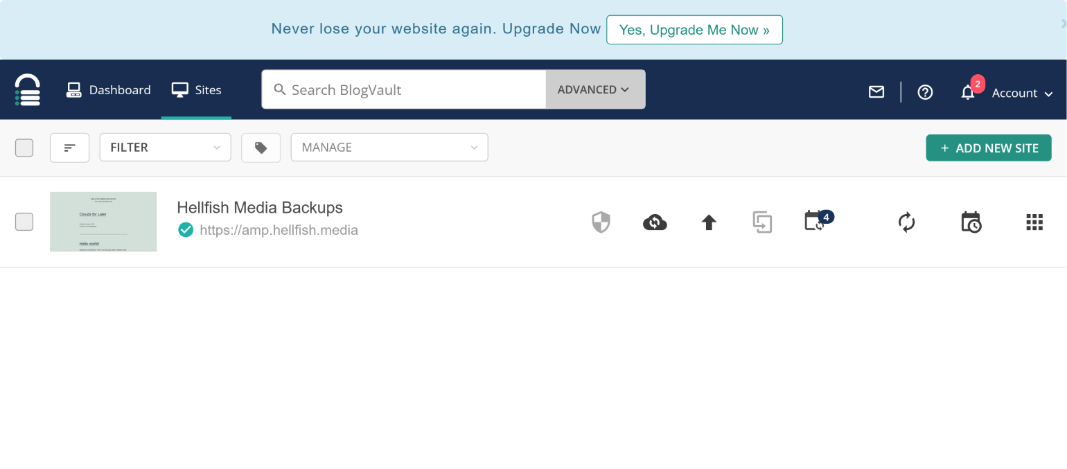 The BlogVault dashboard.