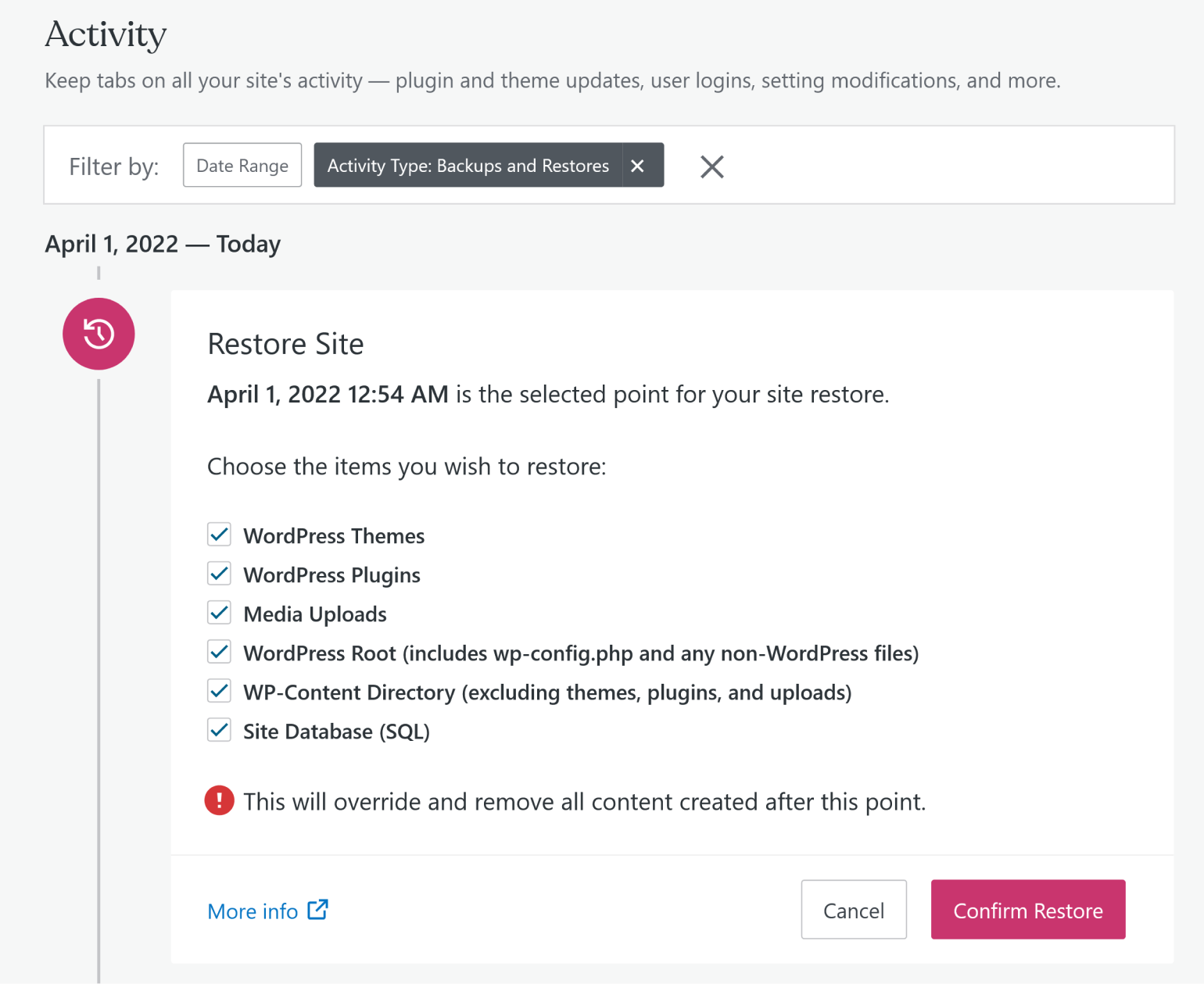 Préparation de l'exécution d'une restauration complète dans Jetpack Backup.