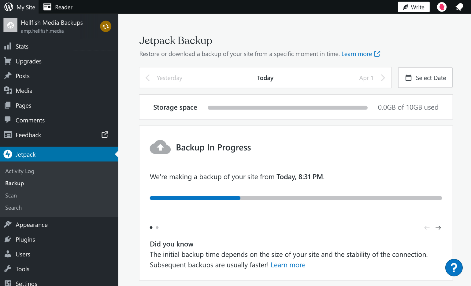 Jetpack Backup démarre la première sauvegarde au moment où vous activez le plugin.